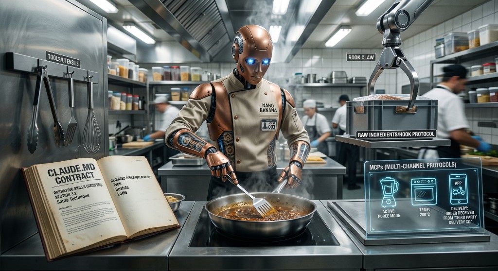 A robot chef at a stove. On the left, an open book labelled CLAUDE.MD CONTRACT. On the right, appliances labelled MCP. Skills sit with the utensils.