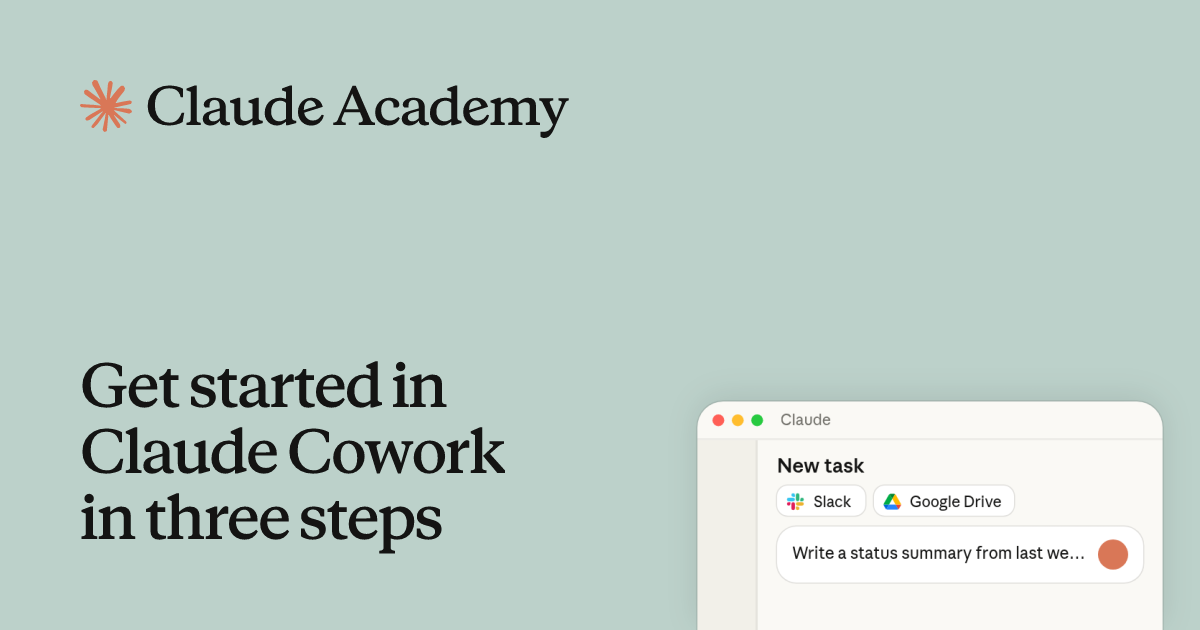 Claude Academy card titled Get started in Claude Cowork in three steps, with a New task window showing Slack and Google Drive