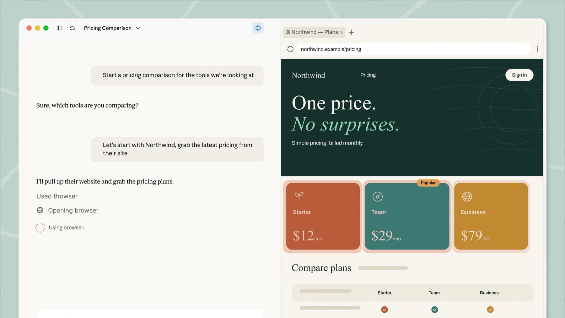 Cowork task titled Pricing Comparison on the left, with a browser side panel on the right showing a sample pricing page