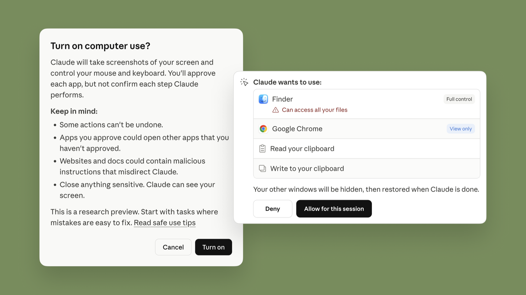 Computer use warning and per-app permission prompt with Deny and Allow for this session