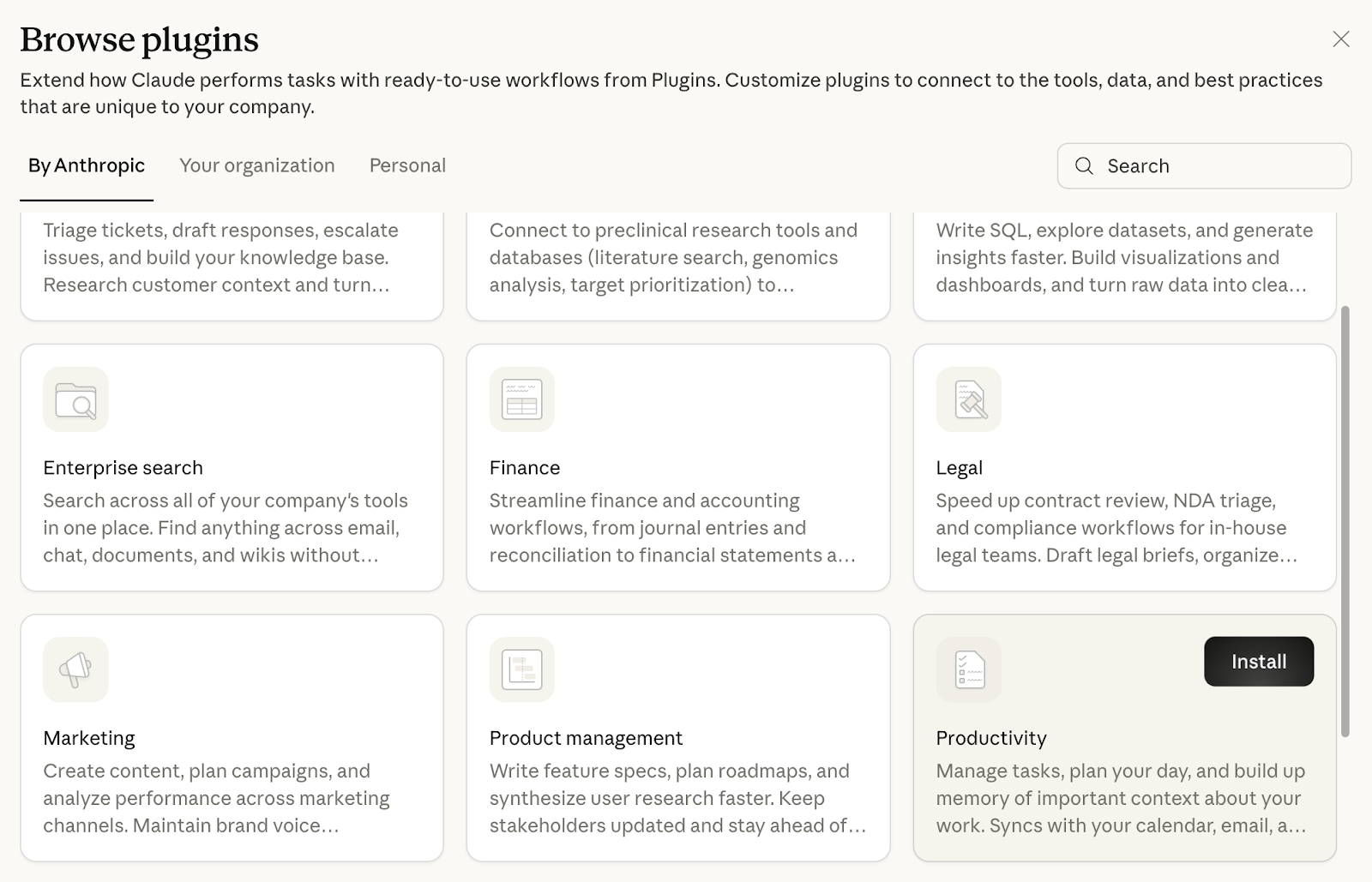 Browse plugins dialog with tabs By Anthropic, Your organization and Personal, and cards for Enterprise search, Finance, Legal, Marketing, Product management and Productivity