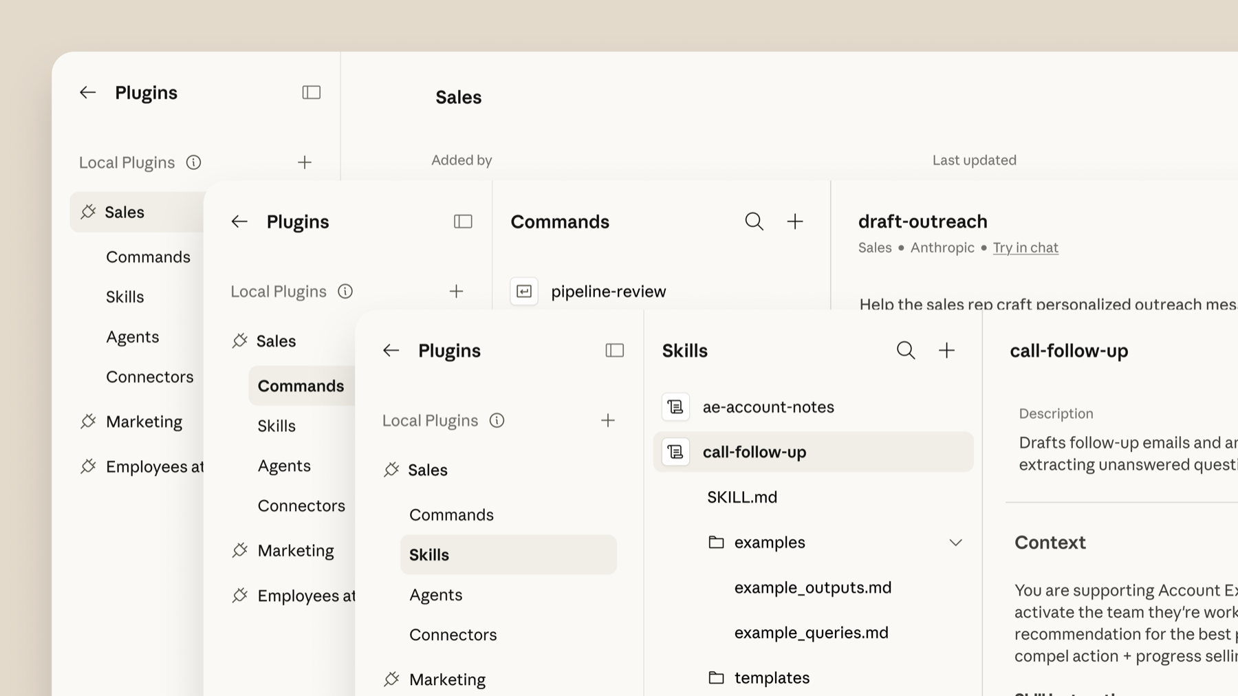 Plugins panel listing Local Plugins Sales and Marketing, with sections for Commands, Skills, Agents and Connectors, and a SKILL.md file open