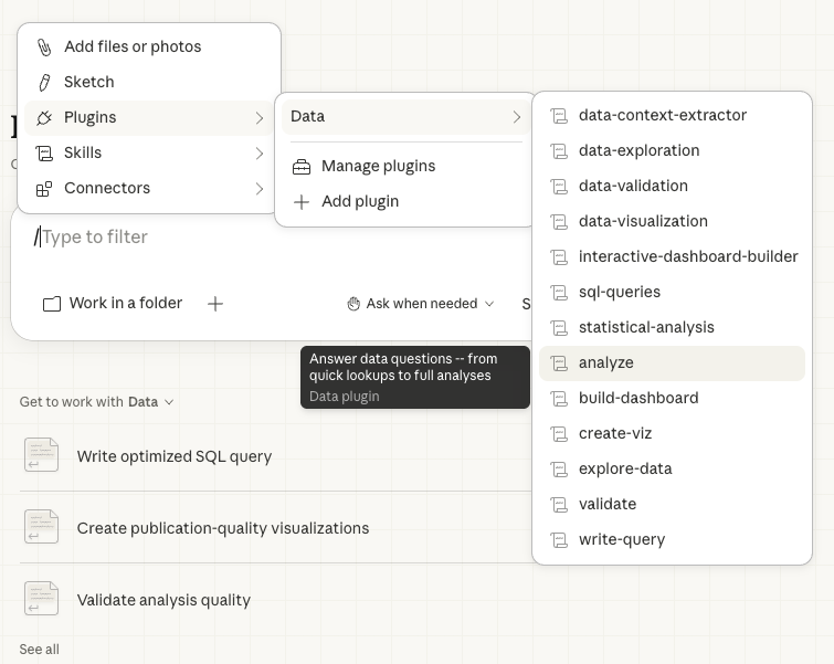 The plus menu open on Plugins, then Data, listing the Data plugin's commands and skills