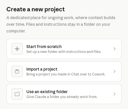 Create a new project dialog with three options: Start from scratch, Import a project, Use an existing folder