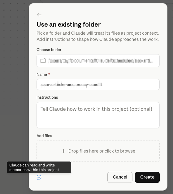 Use an existing folder dialog with project name, instructions box, add files and Create button