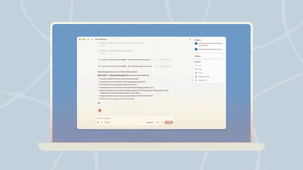 Cowork session on a laptop. The conversation is on the left; the right-hand panel shows Progress with ticked steps, Outputs, and Context with Slack, Gmail, Calendar and Drive